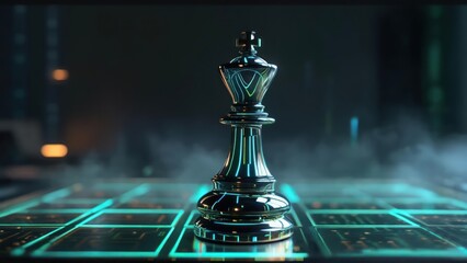 A metallic king chess piece sits on a digital chessboard, with a smoky atmosphere and tech glow