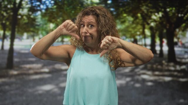 Middleaged woman holding thumbs down and thumbs up with bare forearms on a forest path under trees; indecision.
