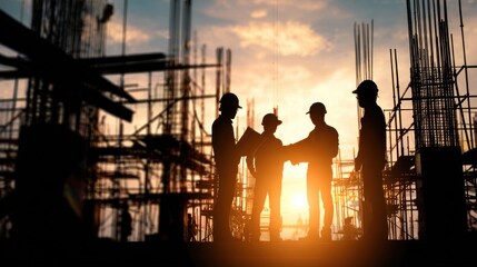 Silhouetted construction workers shake hands at sunset, symbolizing teamwork and progress in building projects.