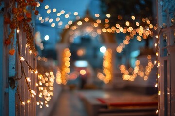 diwali hindu festive lights decoration on house entrance with bokeh effect during the evening celebration blurred background. High quality