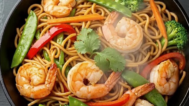An appetizing close-up, top-down view captures a vibrant stir-fry, freshly cooked and steaming hot. Succulent, perfectly cooked shrimp mingle with savory noodles, creating a mouth-watering texture. Br