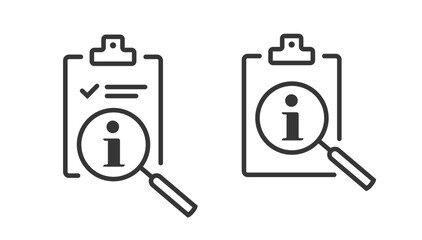 Clipboard information search icon line stroke vector simple illustration graphic set, help support guide reference sign symbol, document info analysis thin linear, see details hint overview pictogram