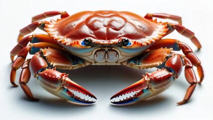 Vibrant close-up of a cooked crab, its shell and claws detailed against a stark white background
