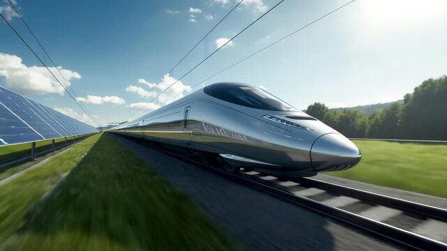 Silver high speed bullet train moving on railway track through green landscape under clear sky