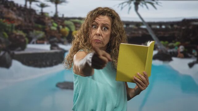 Woman holding yellow book points finger at viewer in studio pool set with raised eyebrow and folded arm; annoyance accusation.