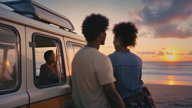 Couple embracing by a van at a beach sunset, with a third person watching from inside.