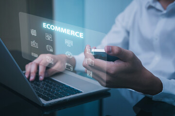 A person interacting with a laptop while displaying e-commerce icons and graphics, symbolizing digital commerce and technology integration.