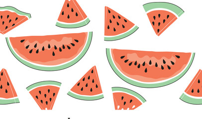 Repeating watermelon fruit pattern with fresh slices in modern flat vector design ideal for wallpaper and fabric