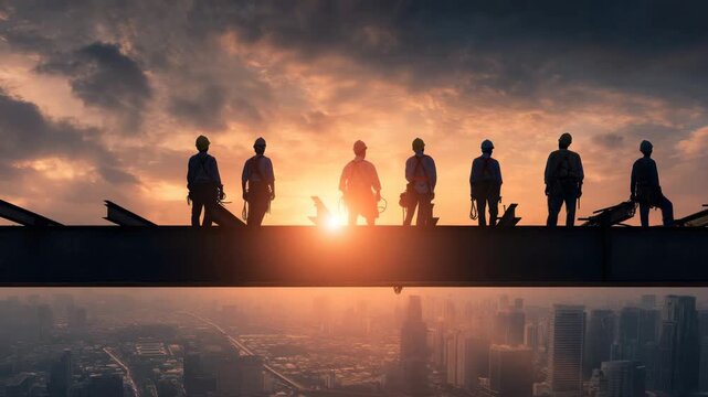 Construction workers silhouetted on beam at sunset