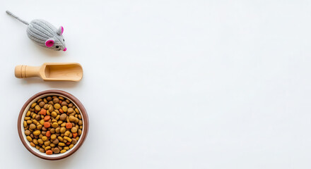 Pet food bowl filled with dry kibble, accompanied by a wooden scoop and a plush mouse toy, arranged on a clean white surface with ample copy space for design