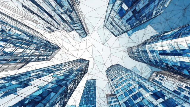Low-angle view of modern skyscrapers against a network of triangles, sky above - Powered by Adobe