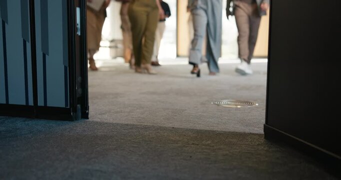 Legs, walking or group arrival at convention for global summit, career development or event. Conference, feet of people or enter doorway of auditorium for international tradeshow or corporate seminar
