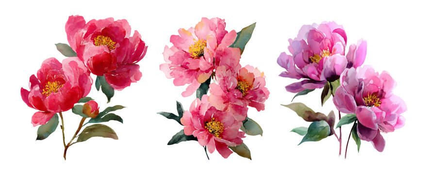 Soft pink watercolor flowers including peonies and garden roses. Vintage floral elements with green leaves and delicate petals, perfect for wedding cards and spring celebrations.