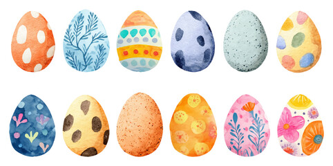 Spring collection in pastel colors with decorated eggs, floral elements and holiday design. Cute cartoon set, perfect for holiday greetings and celebrations.