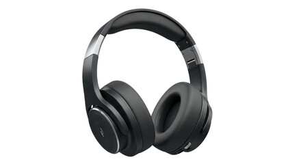 Sleek black wireless over ear headphones with silver accents displayed against a deep for high quality audio product shots on transparent background