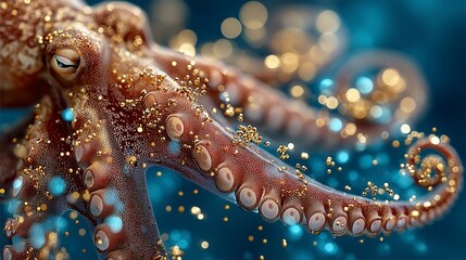 Octopus Tentacle Close Up with Golden Glitter and Glowing Bokeh Lights on Dark Blue Background Luxury Seafood Concept