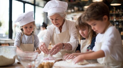 Kids learn to bake with a senior teacher in a busy kitchen setting during daylight hours