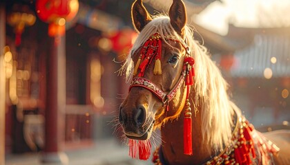 Decorated horse with red tassels during vibrant Chinese lantern festival