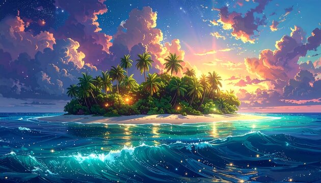 Island with palm trees in blue ocean, under an expressive sky with clouds and stars