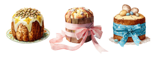 Watercolor Easter cakes and panettone desserts with ribbons, sprinkles, and icing. Spring pastry collection featuring decorated treats and colorful eggs in vintage style.