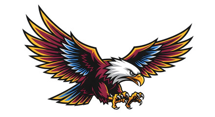 Obraz premium Illustrated eagle with outstretched wings in maroon gold and blue on a white background