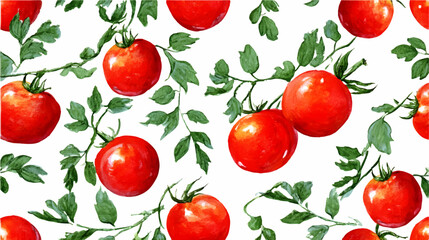 Vintage watercolor tomato pattern with botanical leaves and Mediterranean summer vibes. Hand-drawn Italy-inspired seamless illustration perfect for fabric, postcards, or retro posters.