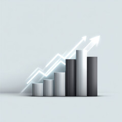 Minimalist financial bar chart with glowing upward arrows, symbolizing growth, success, and positive business trend