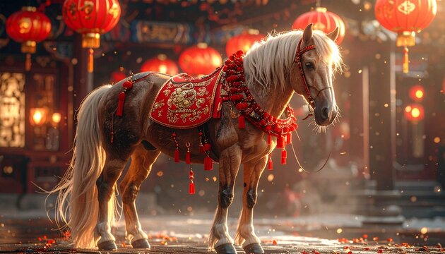 Majestic horse running with red ribbons amid festive Chinese lanterns - Powered by Adobe
