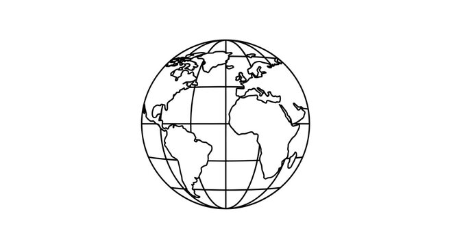 A simple black and white line drawing of a world globe with continents and longitude and latitude lines