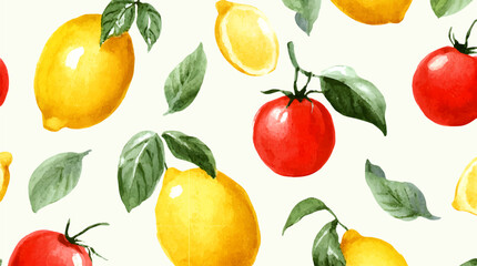 Vintage Italian poster with lemon and tomato pattern. Mediterranean summer design featuring Amalfi Coast citrus fruits, tomato.Mediterranean vintage design. Vector illustration.