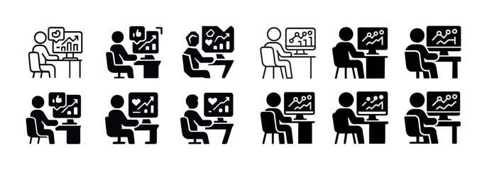 Diverse icons of people analyzing data on computers with graphs and charts