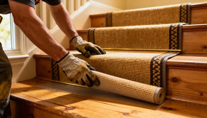 Technician applying a durable stair runner over wooden steps highlighting handson work and material texture in a residential setting.