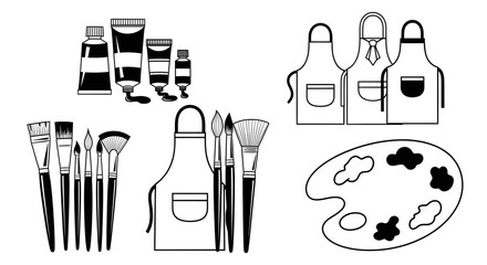 Illustration of art supplies including paint tubes brushes aprons and a paint palette on a white background