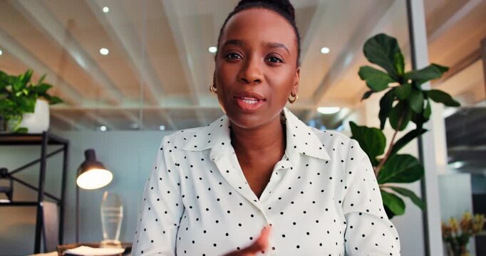 Video call, face or woman in office with wave, networking or friendly hello in client chat. POV, introduction or consultant in agency with gesture, online meeting or report update for stakeholder