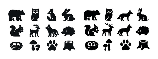 Obraz premium Silhouette icons of forest wildlife animals and nature elements