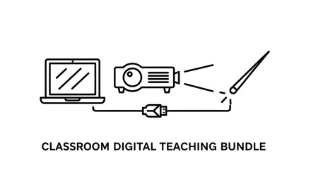 Illustration of a laptop connected to a projector and pointer for classroom teaching setup example