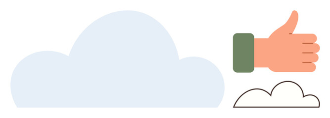 Large blue cloud and hand giving thumbs-up gesture with simple small cloud outline. Ideal for feedback, cloud computing, teamwork, success, optimism, digital storage, simplicity concepts. Captures