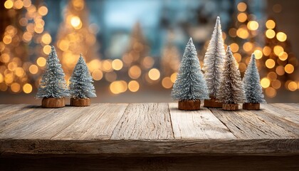Wooden table foreground with festive christmas trees and bokeh lights, creating a cozy winter holiday background for product display, featuring copy space. High quality