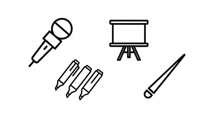 A presentation setup with a microphone, whiteboard, markers, and pointer in a simple line drawing