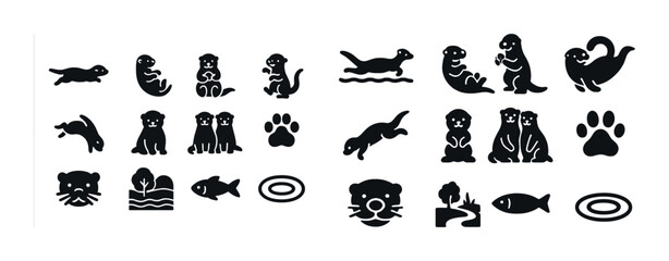 Playful otter silhouettes: various poses and activities of otters with fish and paw prints