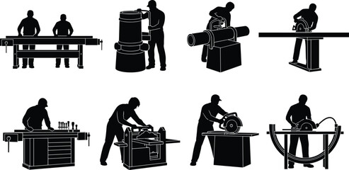 Industrial workers operating heavy machinery silhouette set, woodworking and metal cutting tools, manufacturing process, construction industry labor, vector illustration icons