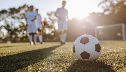 soccer game field with soccer ball by sun light 