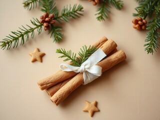 Fototapeta premium Cinnamon and Pine Christmas Flat Lay — A cozy holiday still life with bundled cinnamon sticks, pine branches and small star cookies on a warm beige background. Ideal for winter recipes, festive banner