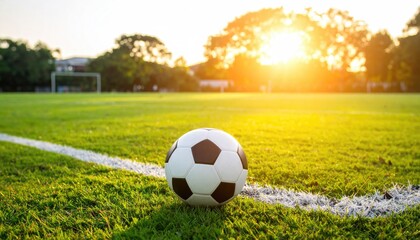 soccer game field with soccer ball by sun light 