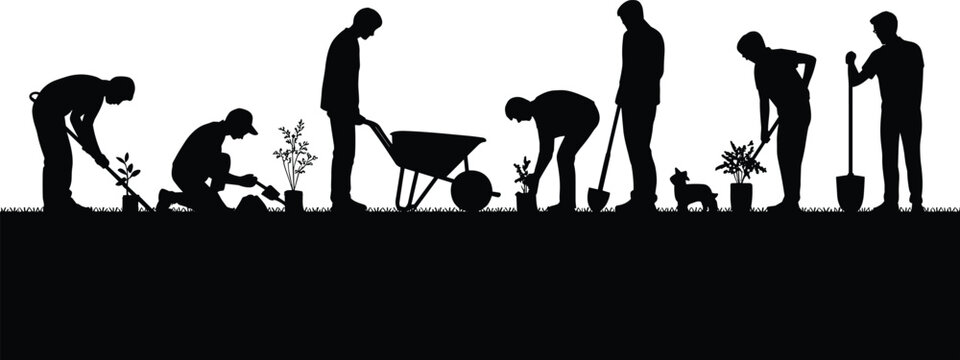 Silhouettes of people gardening planting and working with tools