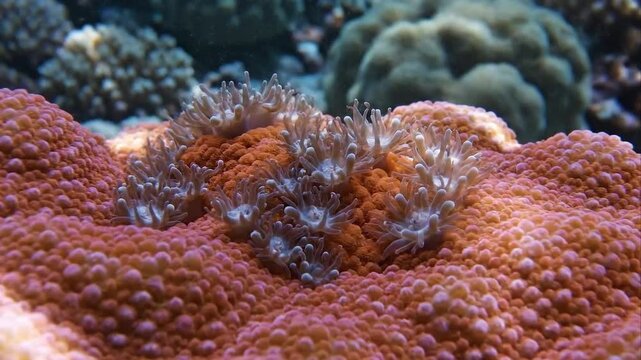 Vibrant stony coral colony displaying polyps and texture in shallow tropical ocean water for nature advertising.
