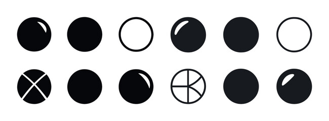 Twelve minimalistic black and white circle designs with geometric variations