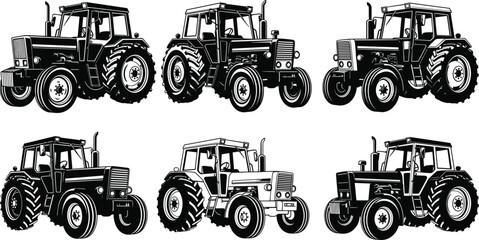 Large set of heavy industrial and transport vector silhouettes, construction machinery, farm tractor, crane, funicular, bulldozer, and excavator collection. © MstRokshana