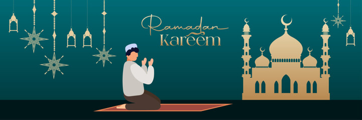 Ramadan Kareem Greeting with Muslim Man Praying and Mosque,Lantern Silhouette Banner