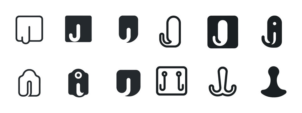 Set of various minimalist coat hook icons in black and white